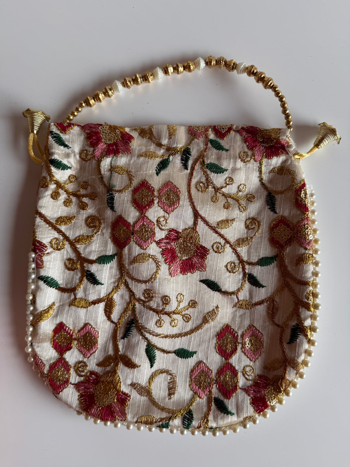 Handcrafted Ivory Floral Embroidered Potli Purse with Pearl Handle | Luxury Wedding & Festive Drawstring Handbag | Rajasthan Artisan Collection