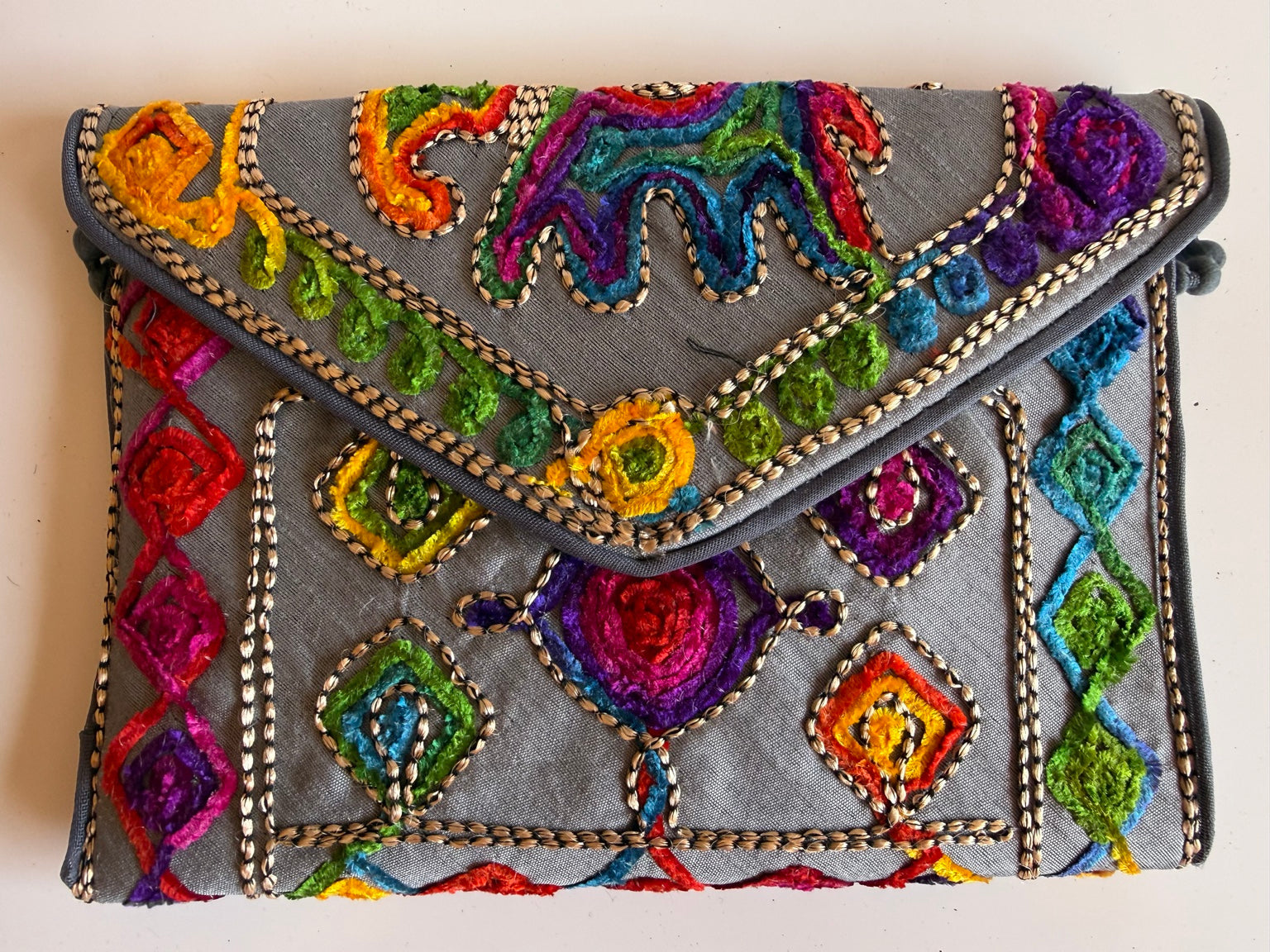Handcrafted Rajasthani Embroidered Women's Purse โ Charcoal Gray Artisan Handbag | Jaipur Collection