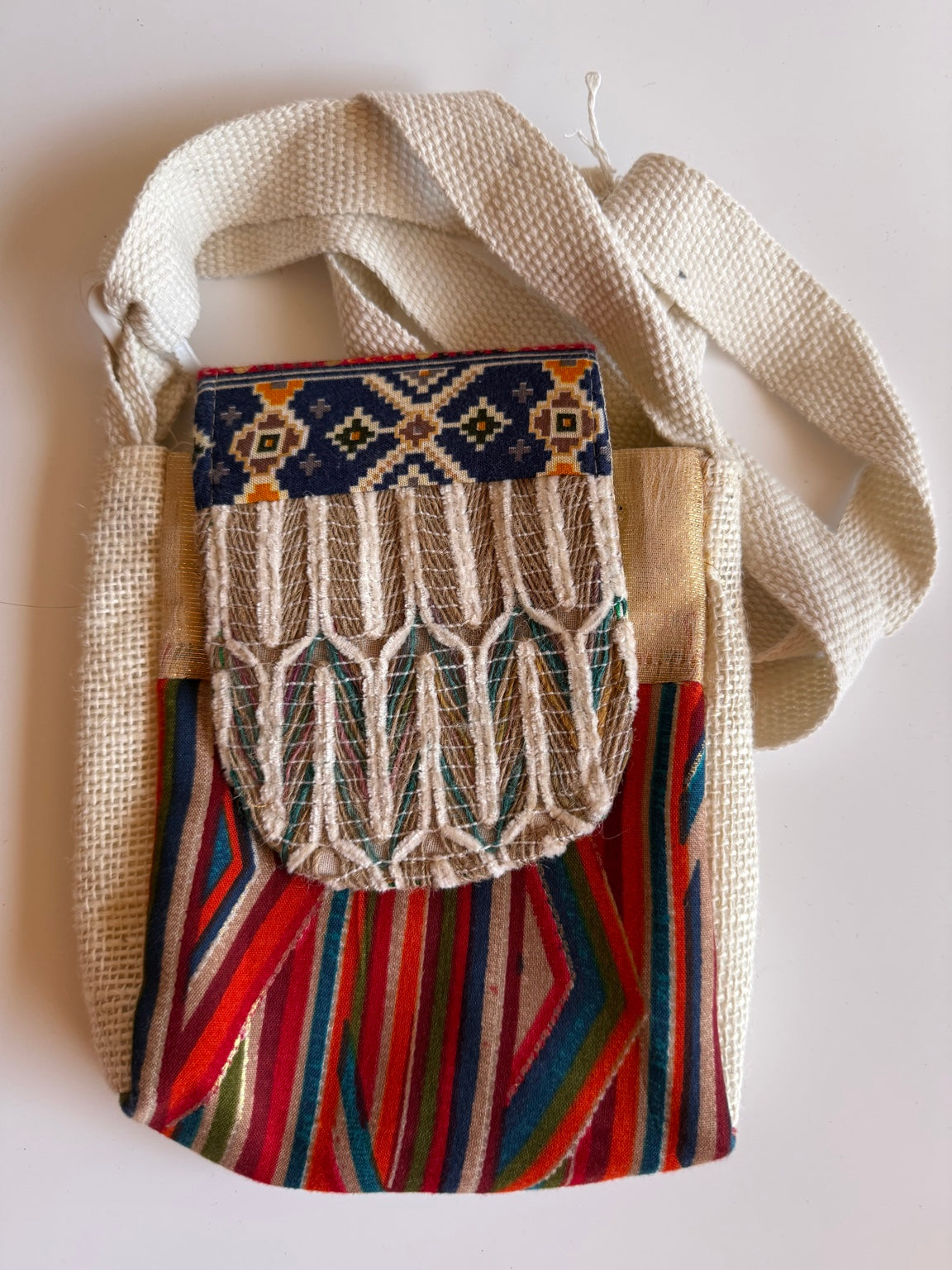 Handcrafted Boho Crossbody Sling Bag โ Multicolor Cotton & Jute Artisan Shoulder Bag | Rajasthan Collection