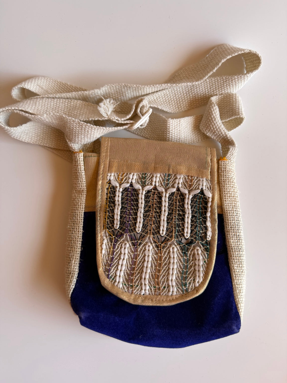 Handcrafted Ivory & Indigo Crossbody Sling Bag โ Cotton, Jute & Artisan Embroidery | Rajasthan Collection