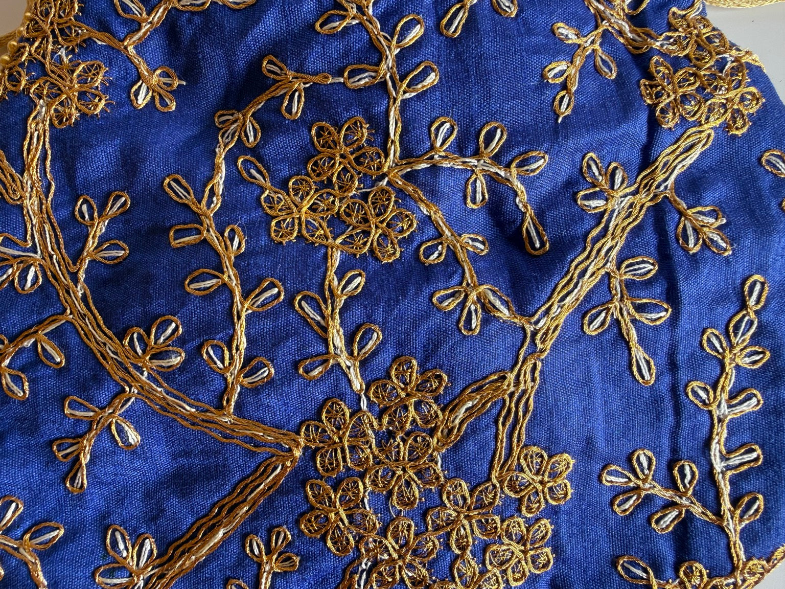 Handcrafted Royal Blue Silk Potli Bag with Gold Zari Floral Embroidery | Rajasthan Artisan Collection