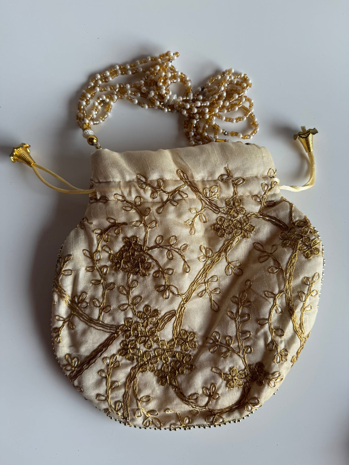 Handcrafted Ivory Silk Potli Bag with Gold Zari Floral Embroidery | Wedding & Festive Purse | Rajasthan Artisan Collection