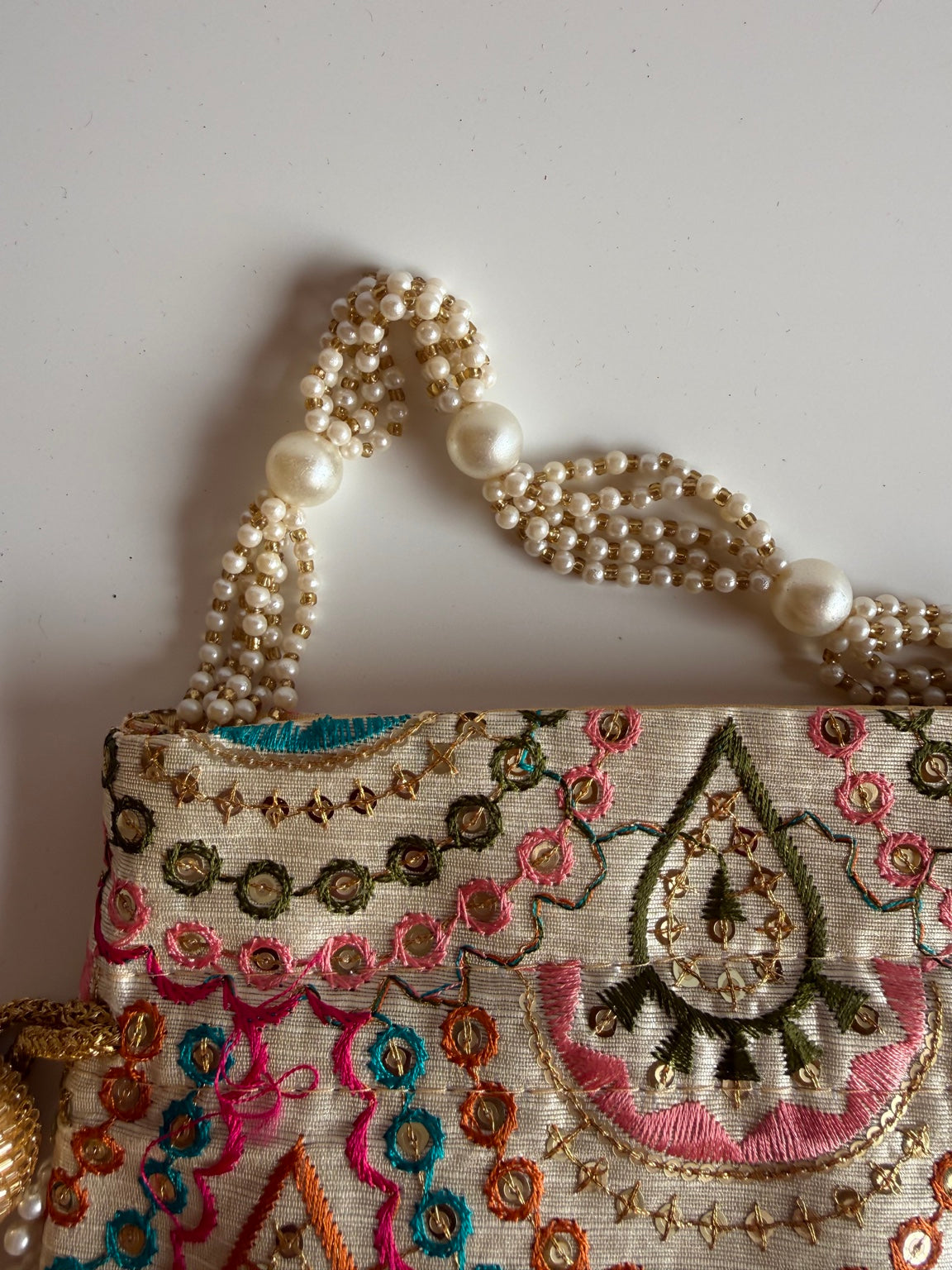 Handcrafted Multicolor Embroidered Clutch Purse with Pearl Handle | Ethnic Wedding Handbag | Rajasthan Artisan Collection