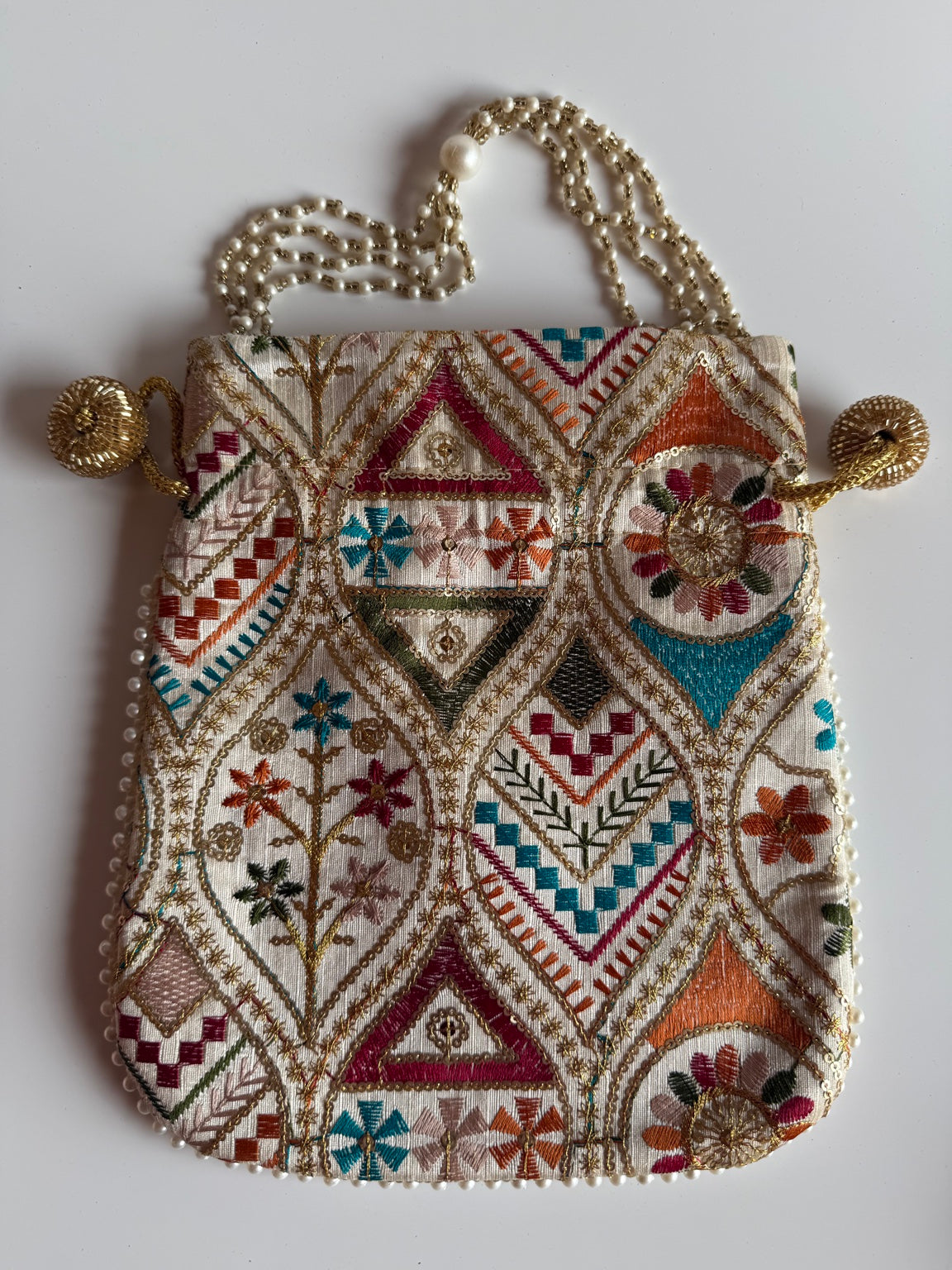 Handcrafted Geometric Embroidered Clutch Purse with Pearl Handle | Ethnic Wedding Handbag | Rajasthan Artisan Collection