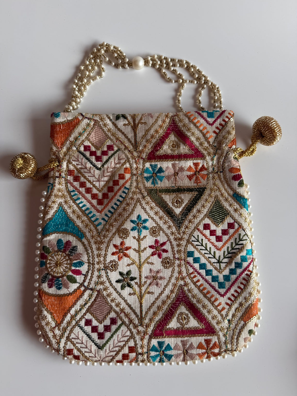 Handcrafted Geometric Embroidered Clutch Purse with Pearl Handle | Ethnic Wedding Handbag | Rajasthan Artisan Collection