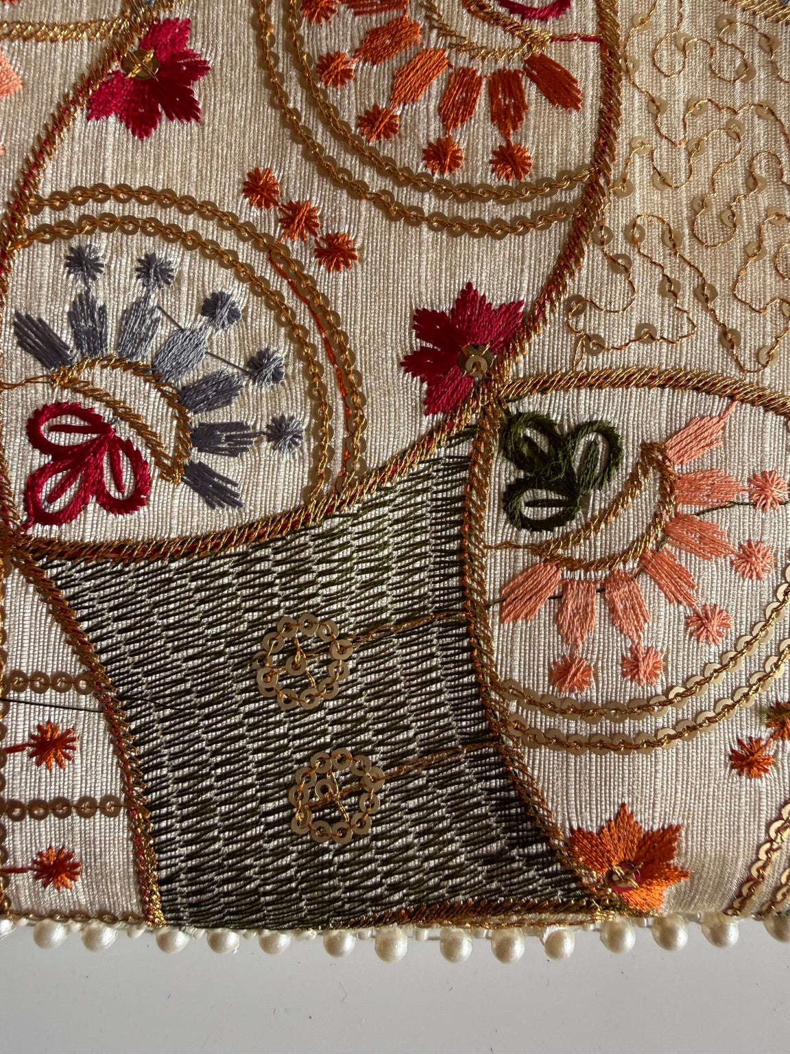 Handcrafted Floral Patchwork Embroidered Clutch Purse with Pearl Handle | Ethnic Wedding Handbag | Rajasthan Artisan Collection