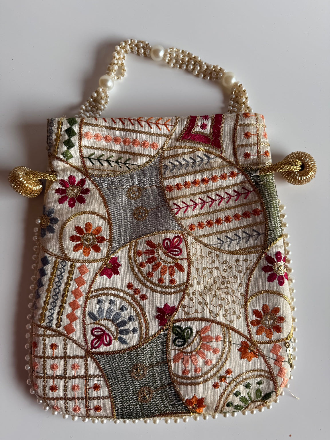 Handcrafted Floral Patchwork Embroidered Clutch Purse with Pearl Handle | Ethnic Wedding Handbag | Rajasthan Artisan Collection