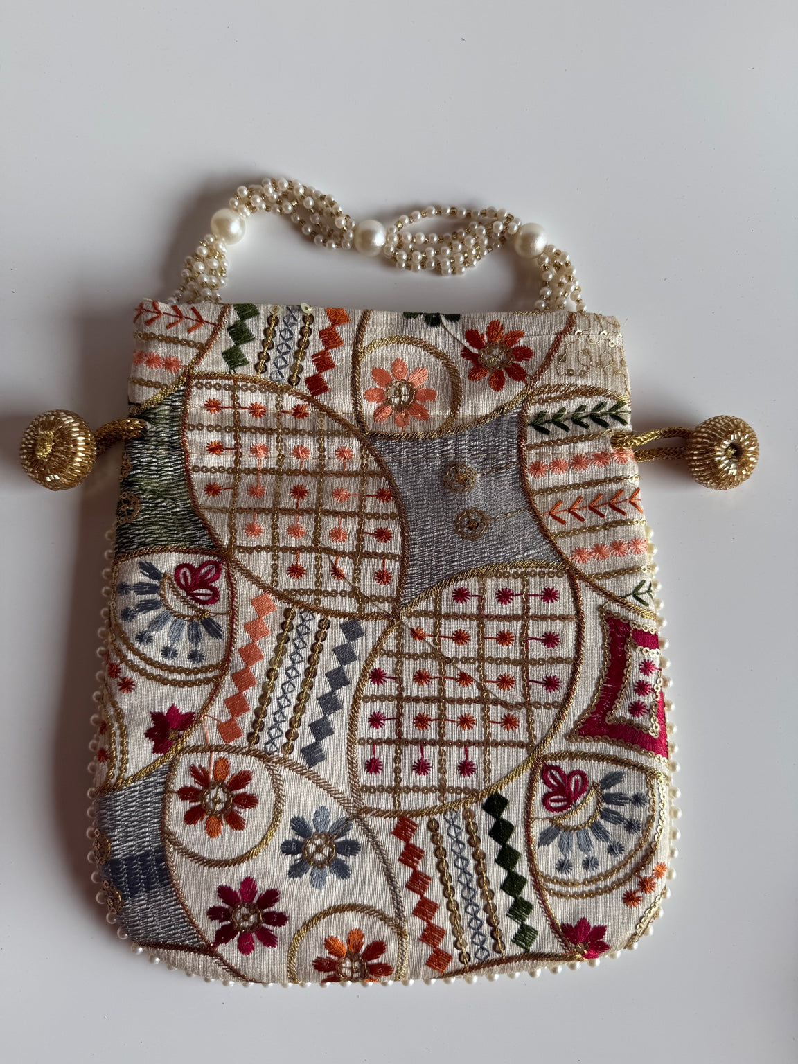 Handcrafted Floral Embroidered Potli Clutch Purse with Pearl Handle | Ethnic Wedding Handbag | Rajasthan Artisan Collection