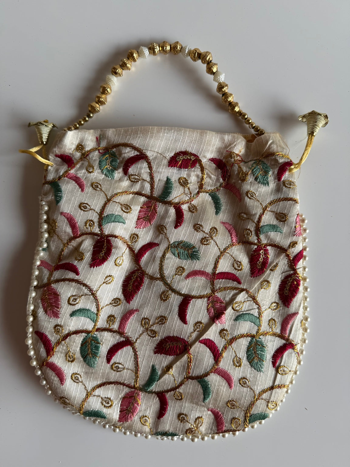 Handcrafted Pink Floral Embroidered Potli Purse with Pearl Handle | Ivory Wedding & Festive Handbag | Rajasthan Artisan Collection