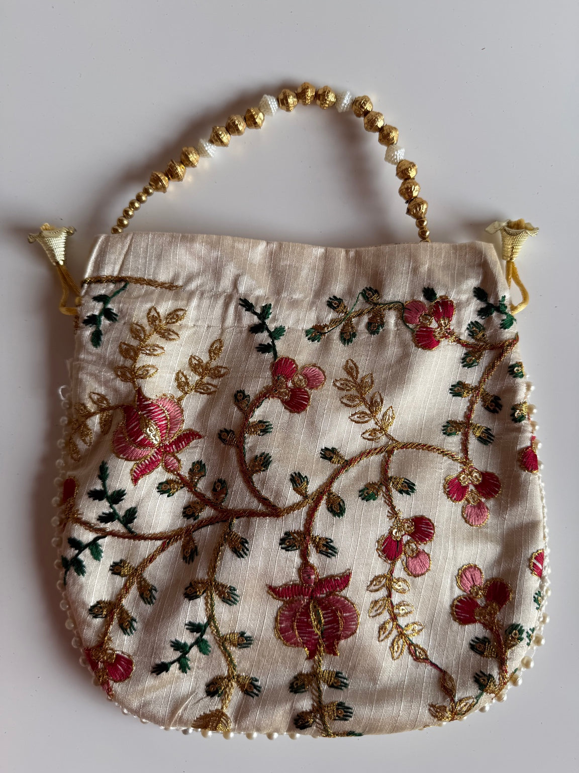 Handcrafted Ivory Floral Embroidered Potli Purse with Pearl Handle | Wedding & Festive Drawstring Handbag | Rajasthan Artisan Collection