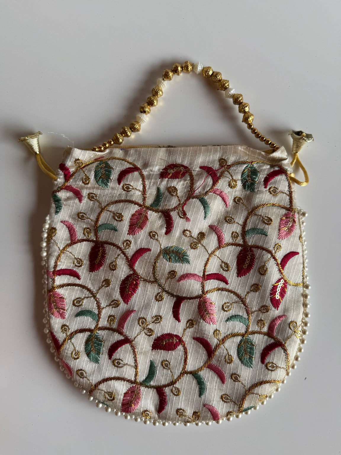 Handcrafted Ivory Vine Embroidered Potli Purse with Pearl Handle | Wedding & Festive Drawstring Handbag | Rajasthan Artisan Collection