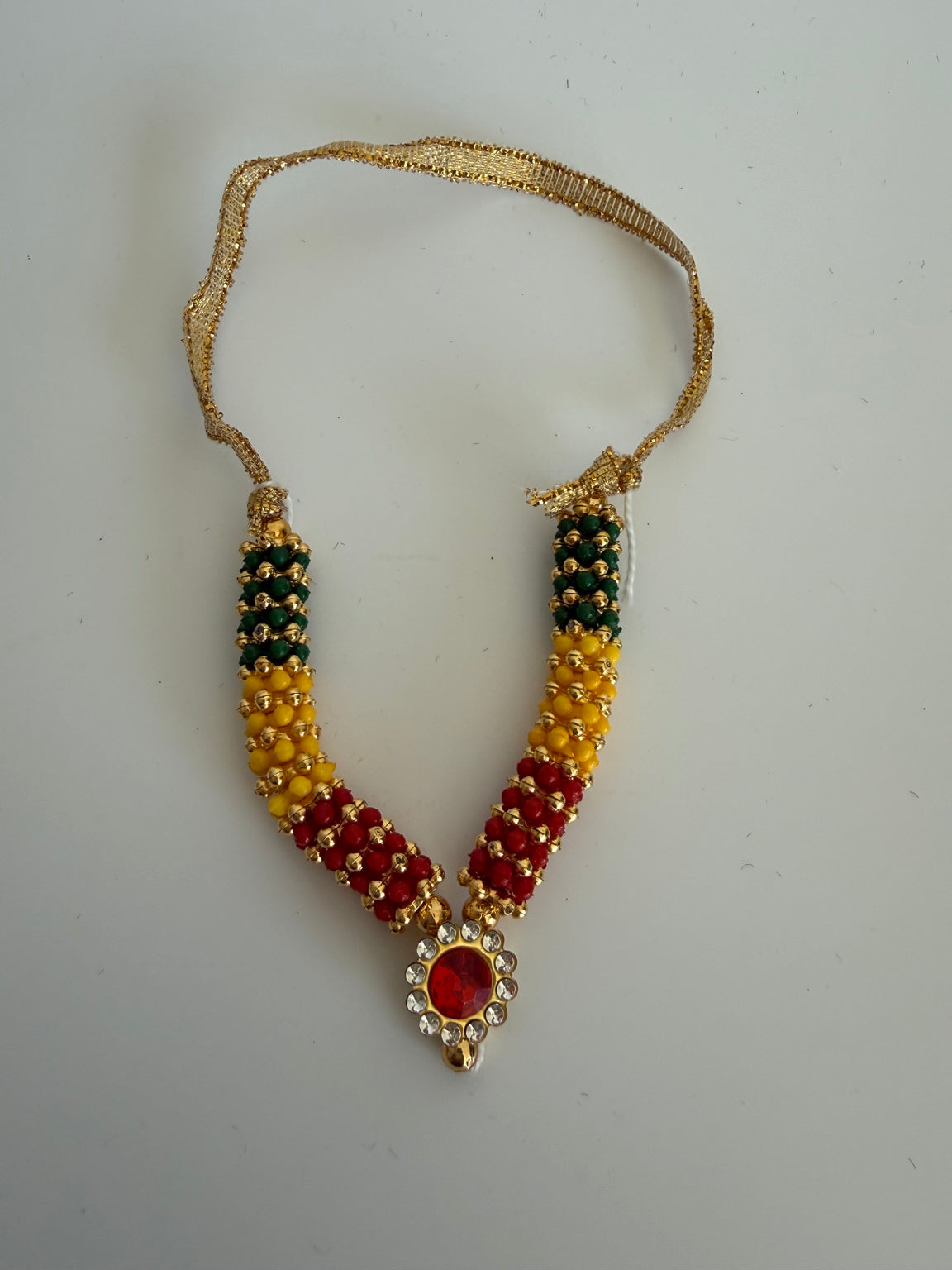 Tricolor Ganesh Idol Garland (Mala) – Handcrafted Green, Yellow & Red Murti Necklace with Crystal Pendant