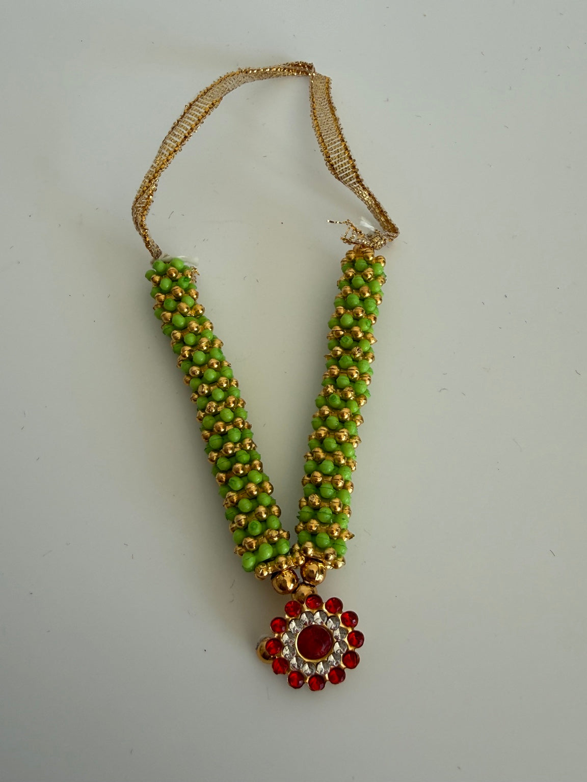 Handcrafted Green Ganesh Idol Garland (Mala) – Traditional Murti Necklace with Ruby Crystal Pendant