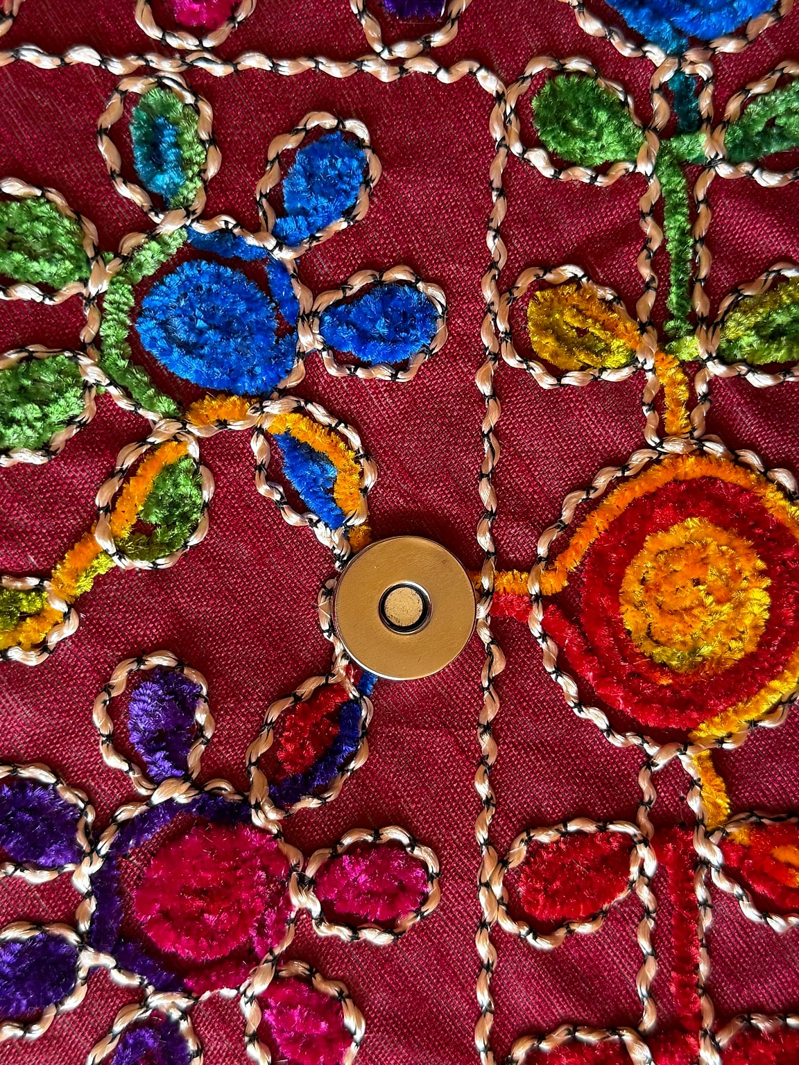 Close-up of embroidery details on the potli bag
