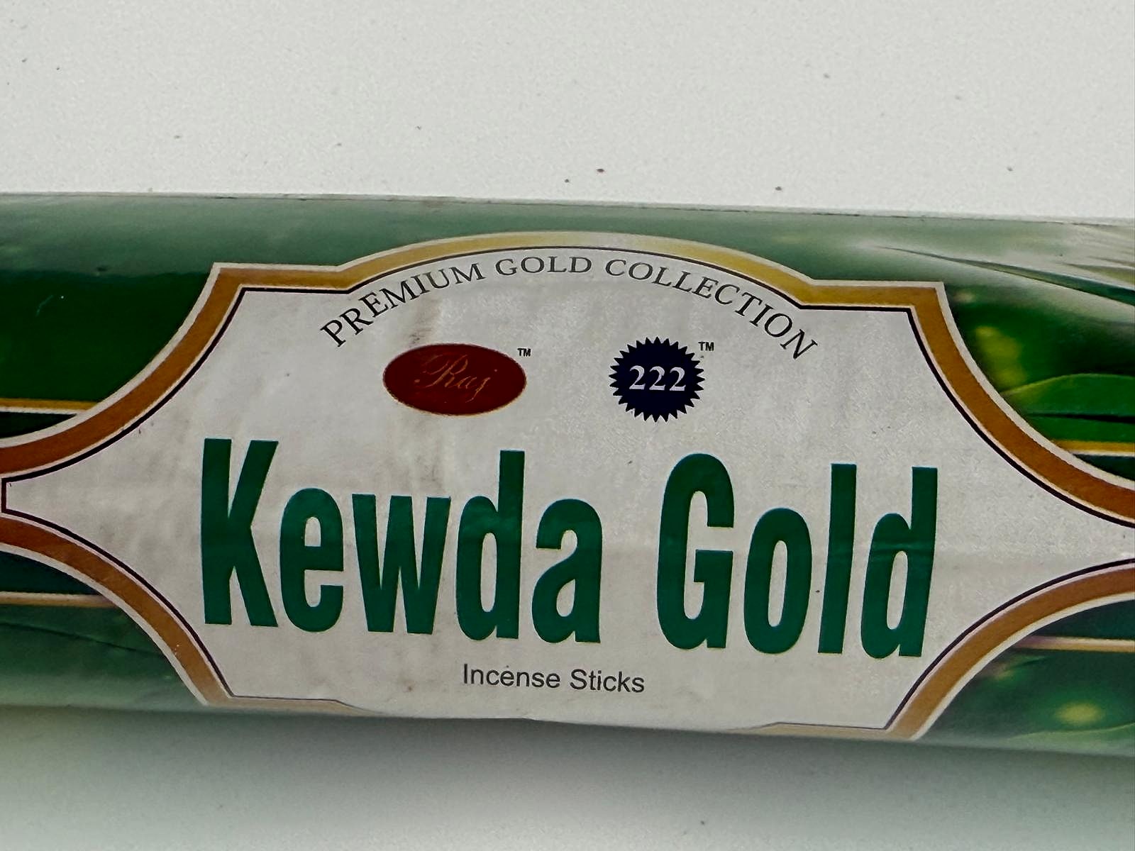 Close-up of Kewda Gold Incense label