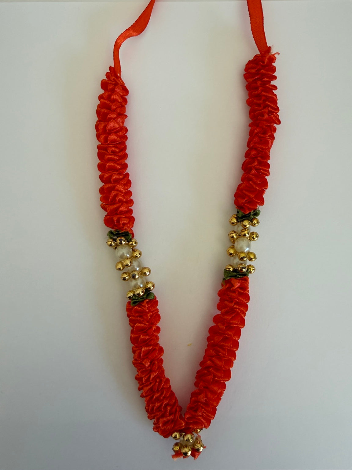 Handcrafted Red Pooja Garland with Bells & Pearl Accents