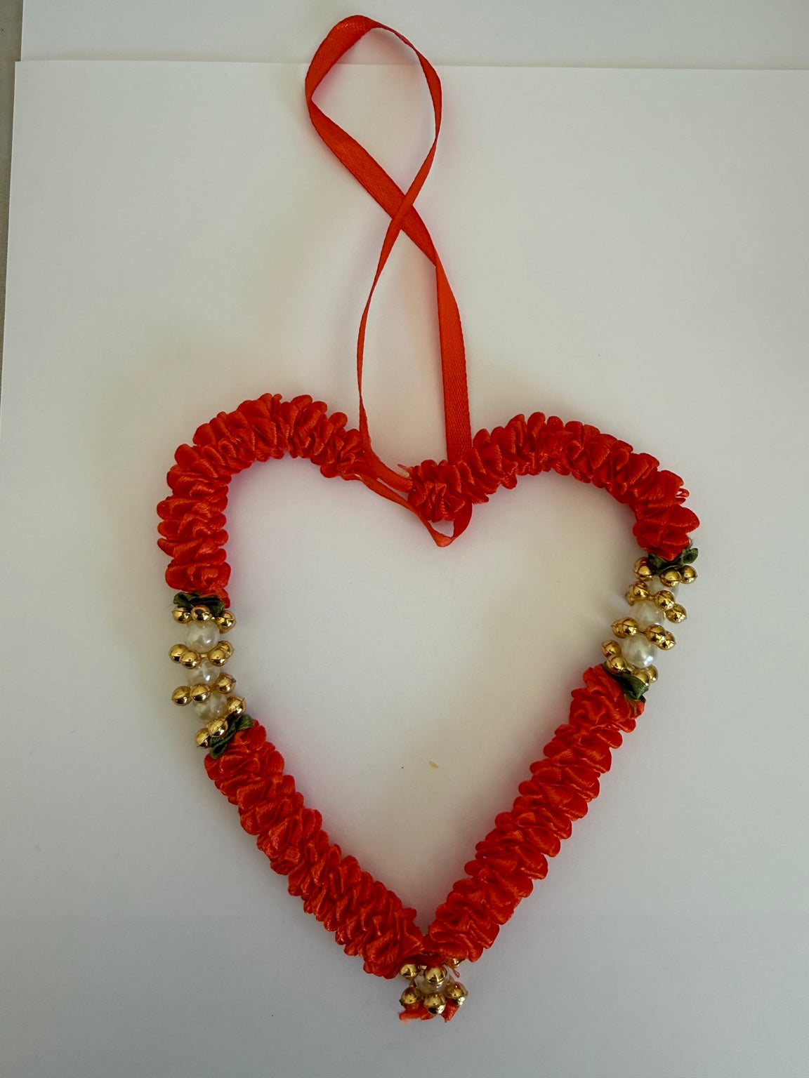 Handcrafted Red Pooja Garland with Bells & Pearl Accents
