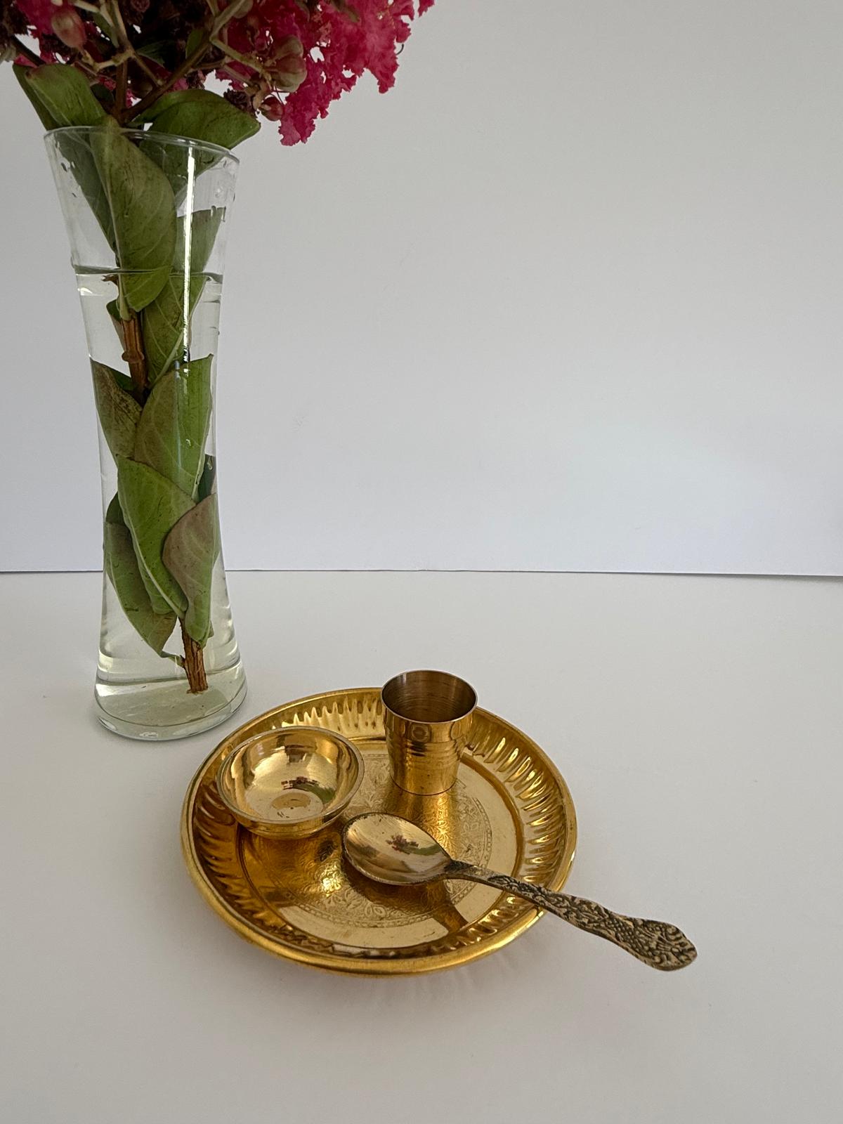Brass Pooja Thali Set (Plate, Katori, Cup & Spoon)