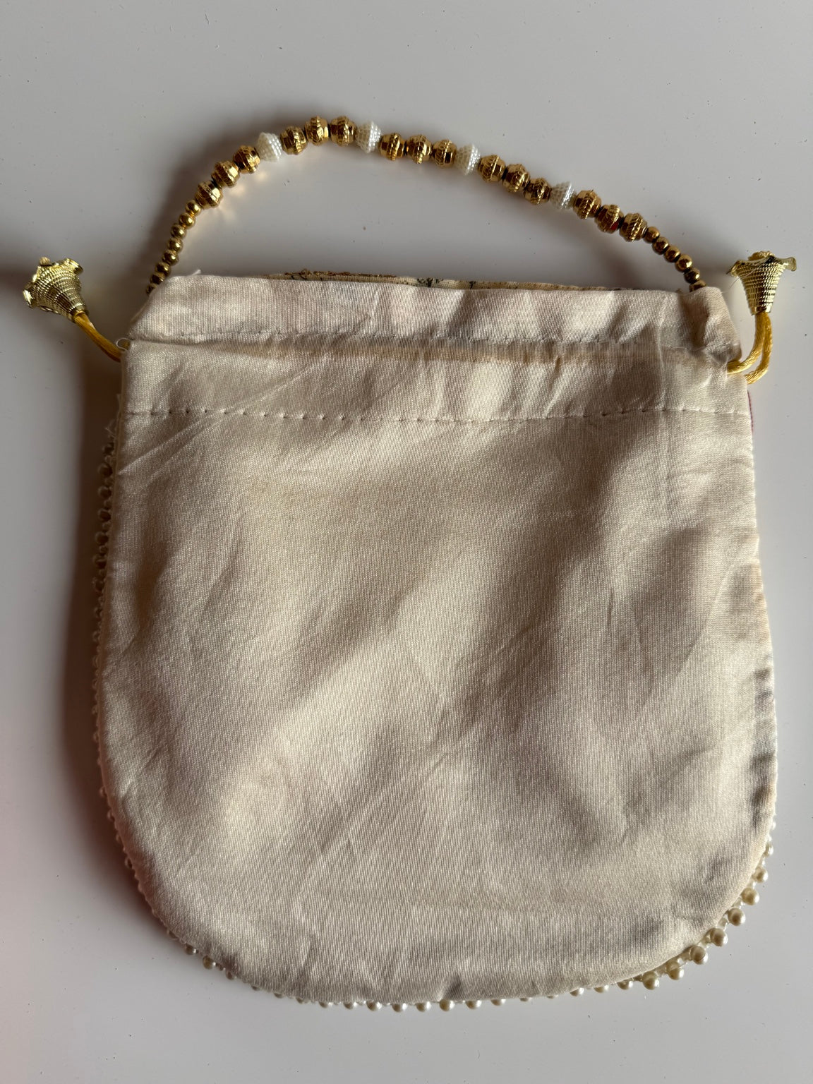 Handcrafted Ivory Floral Embroidered Potli Purse with Pearl Handle | Luxury Wedding & Festive Drawstring Handbag | Rajasthan Artisan Collection