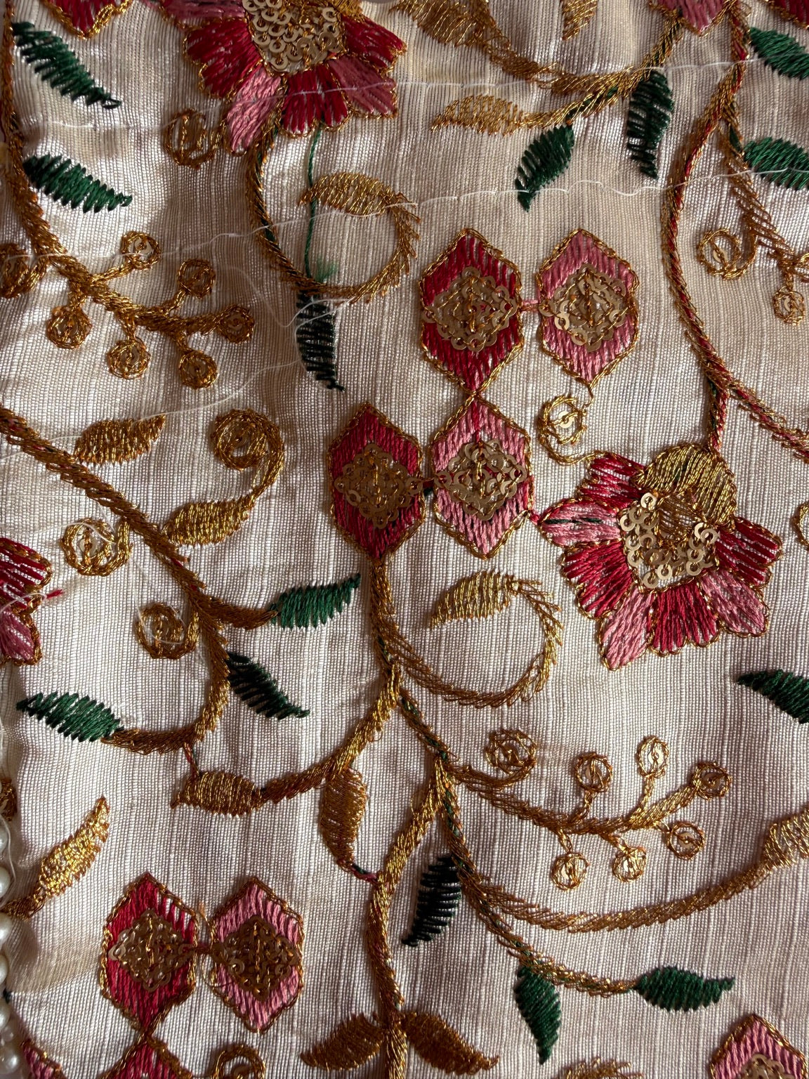 Handcrafted Ivory Floral Embroidered Potli Purse with Pearl Handle | Luxury Wedding & Festive Drawstring Handbag | Rajasthan Artisan Collection