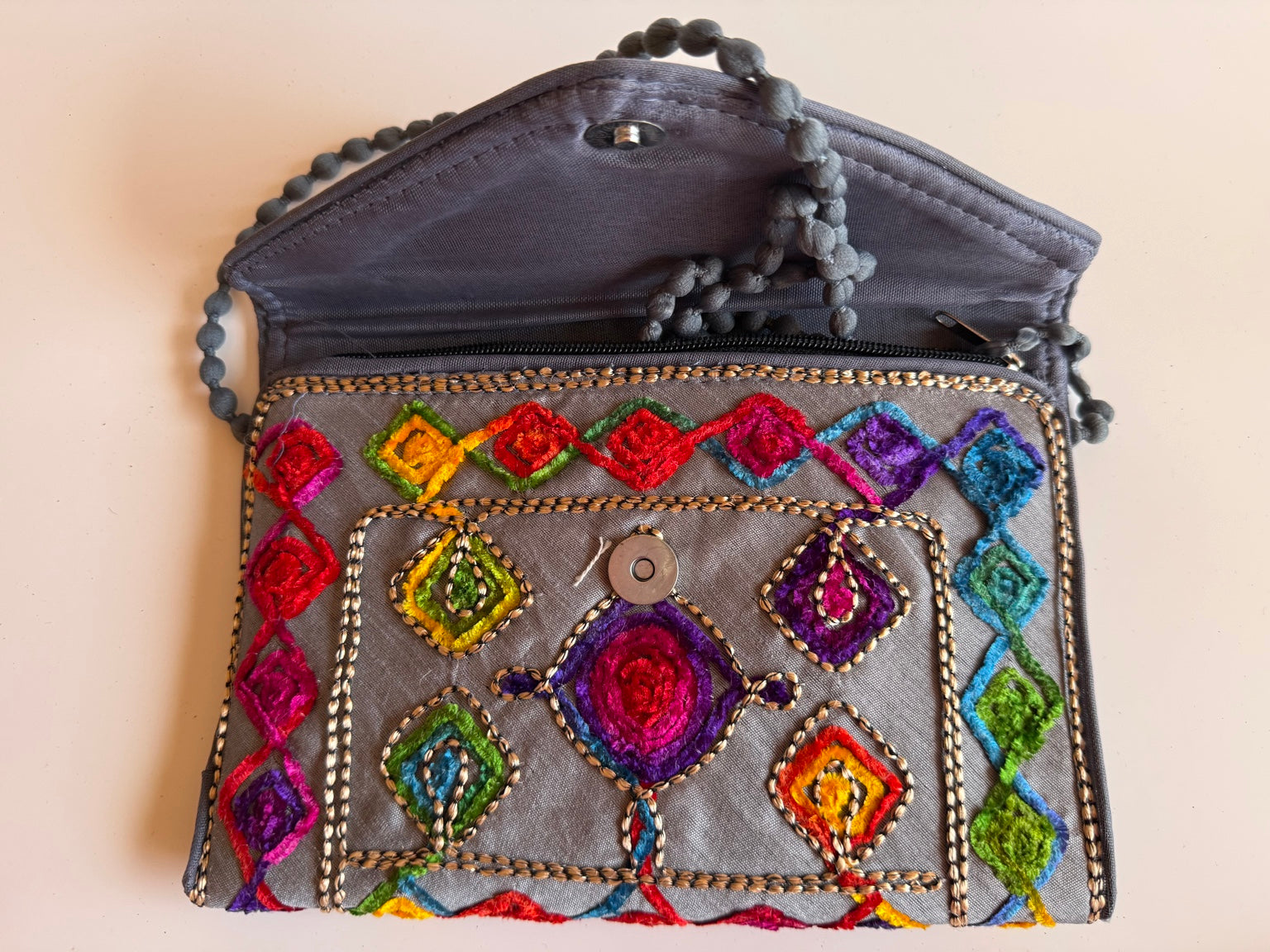Handcrafted Rajasthani Embroidered Women's Purse – Charcoal Gray Artisan Handbag | Jaipur Collection