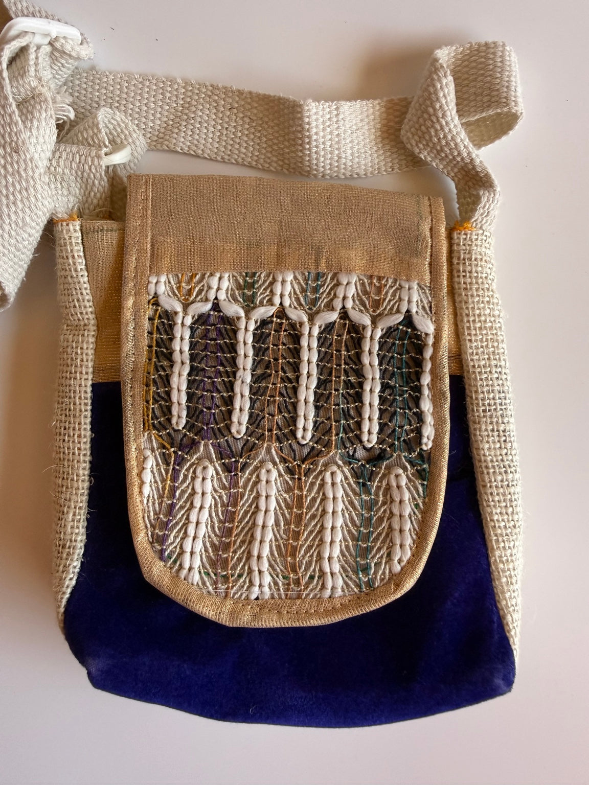 Handcrafted Ivory & Indigo Crossbody Sling Bag – Cotton, Jute & Artisan Embroidery | Rajasthan Collection