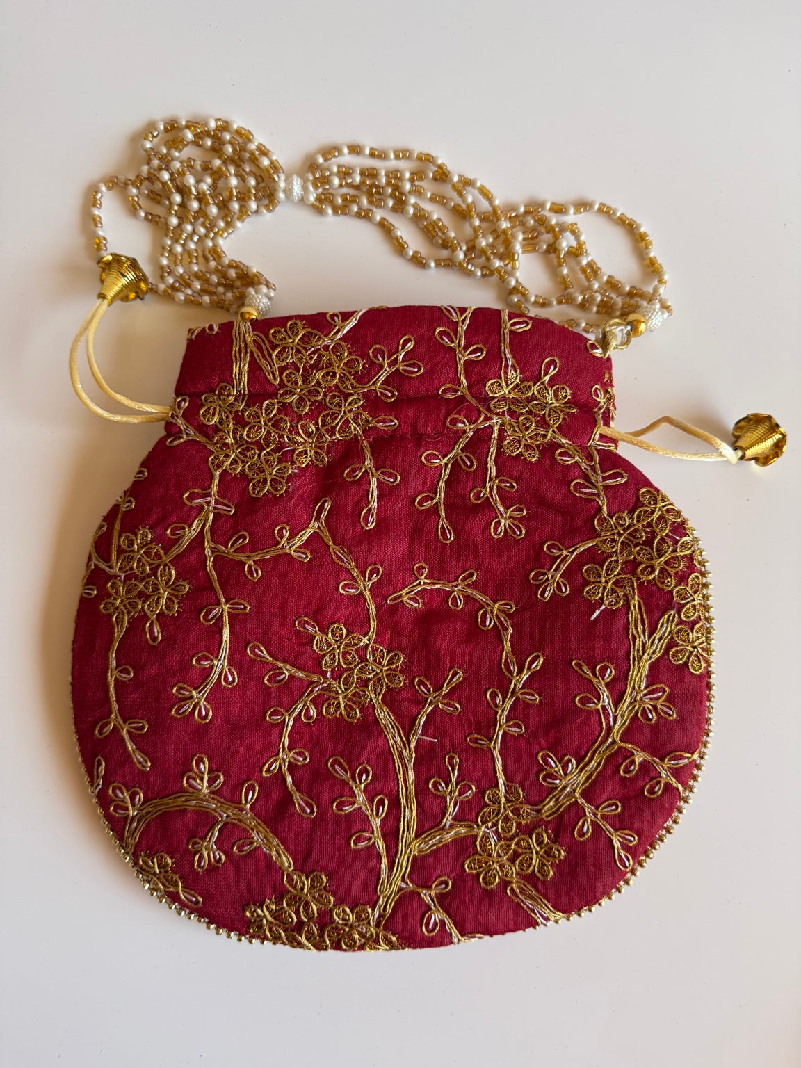 Handcrafted Wine Silk Potli Bag with Gold Zari Floral Embroidery | Rajasthan Artisan Collection