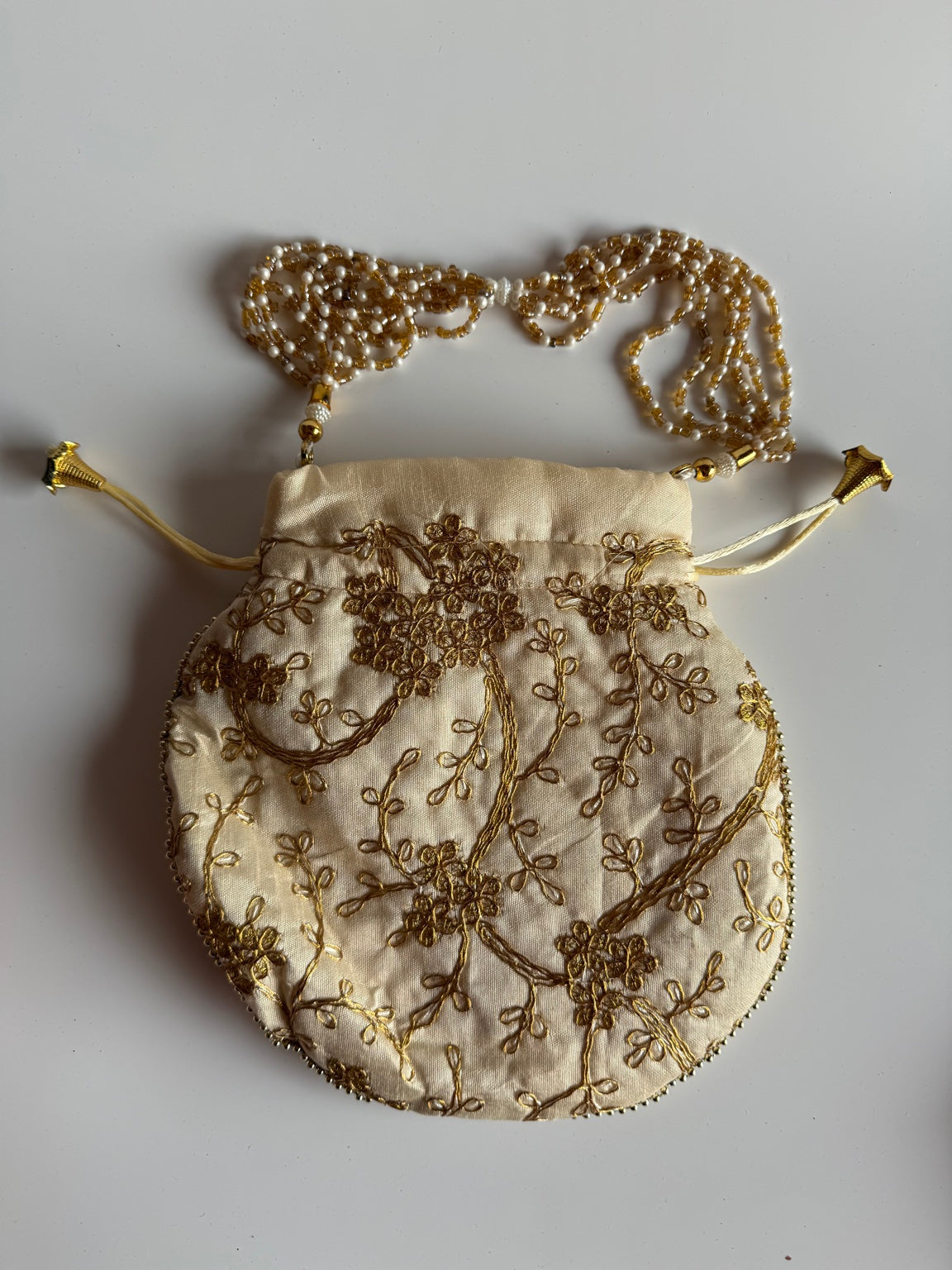 Handcrafted Ivory Silk Potli Bag with Gold Zari Floral Embroidery | Wedding & Festive Purse | Rajasthan Artisan Collection