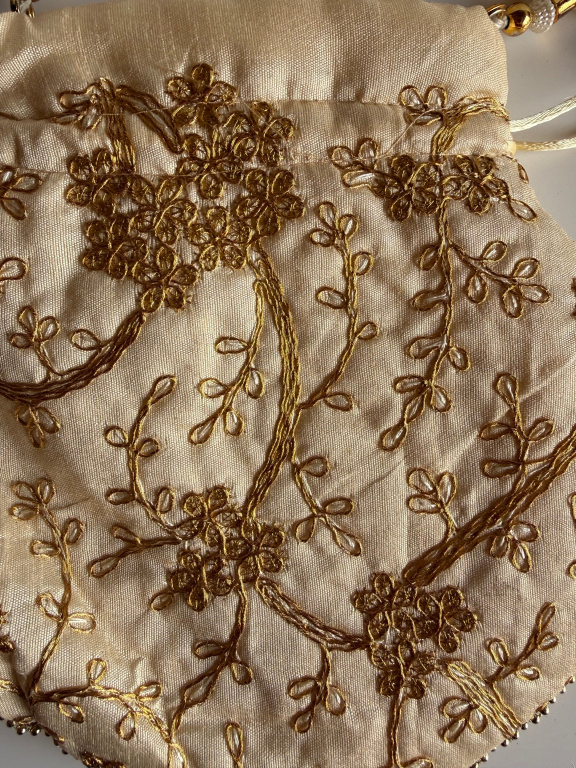 Handcrafted Ivory Silk Potli Bag with Gold Zari Floral Embroidery | Wedding & Festive Purse | Rajasthan Artisan Collection