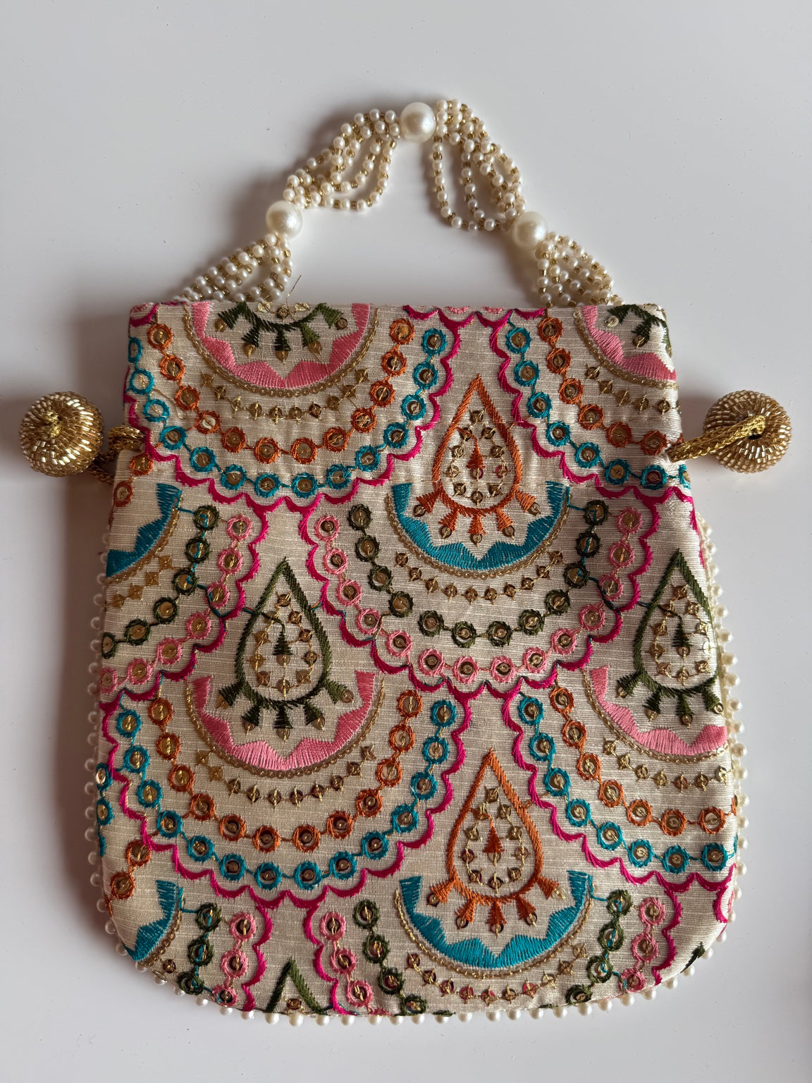 Handcrafted Multicolor Embroidered Clutch Purse with Pearl Handle | Ethnic Wedding Handbag | Rajasthan Artisan Collection