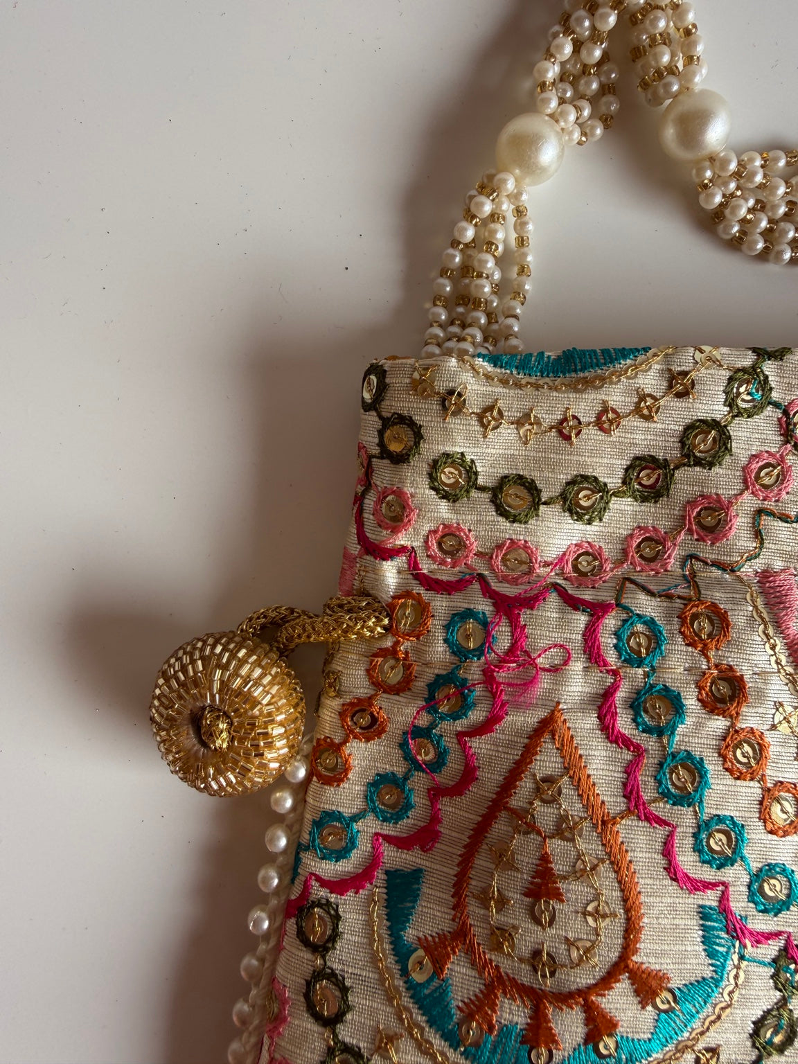 Handcrafted Multicolor Embroidered Clutch Purse with Pearl Handle | Ethnic Wedding Handbag | Rajasthan Artisan Collection
