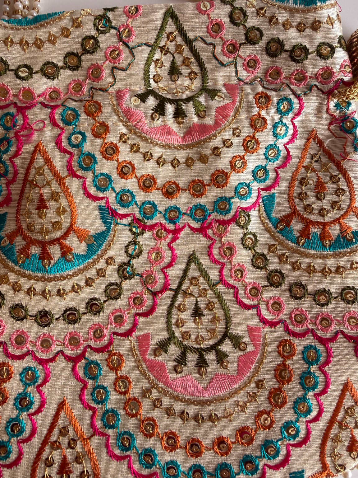Handcrafted Multicolor Embroidered Clutch Purse with Pearl Handle | Ethnic Wedding Handbag | Rajasthan Artisan Collection