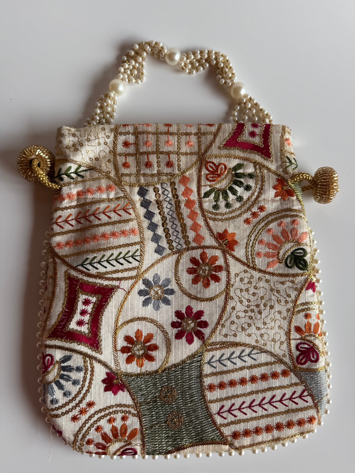 Handcrafted Floral Patchwork Embroidered Clutch Purse with Pearl Handle | Ethnic Wedding Handbag | Rajasthan Artisan Collection