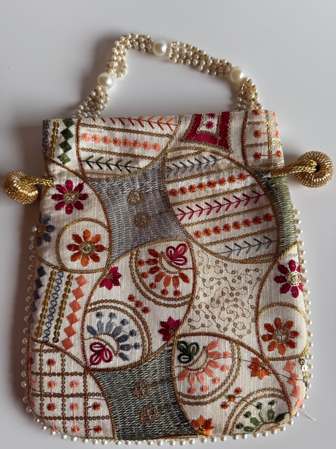 Handcrafted Floral Patchwork Embroidered Clutch Purse with Pearl Handle | Ethnic Wedding Handbag | Rajasthan Artisan Collection