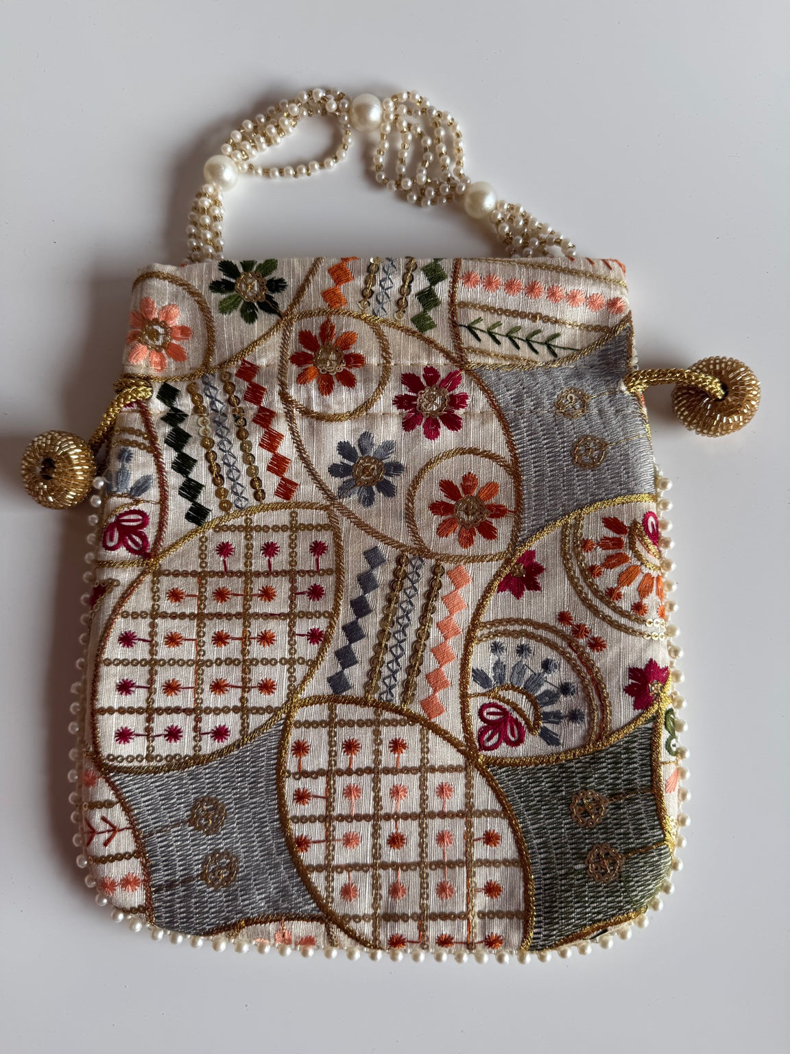 Handcrafted Floral Embroidered Potli Clutch Purse with Pearl Handle | Ethnic Wedding Handbag | Rajasthan Artisan Collection