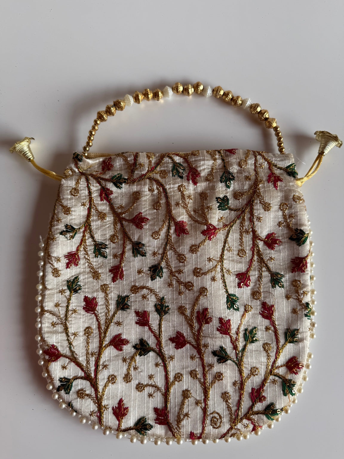 Handcrafted Floral Vine Embroidered Potli Purse with Pearl Handle | Ivory Wedding Clutch | Rajasthan Artisan Collection