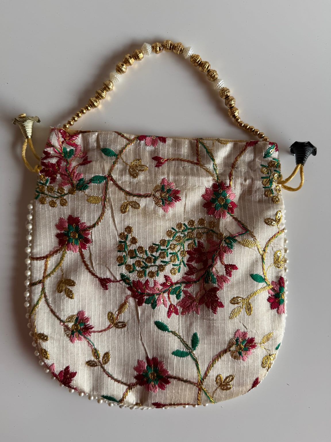 Handcrafted Ivory Floral Embroidered Potli Purse with Pearl Handle | Luxury Wedding & Festive Handbag | Rajasthan Artisan Collection