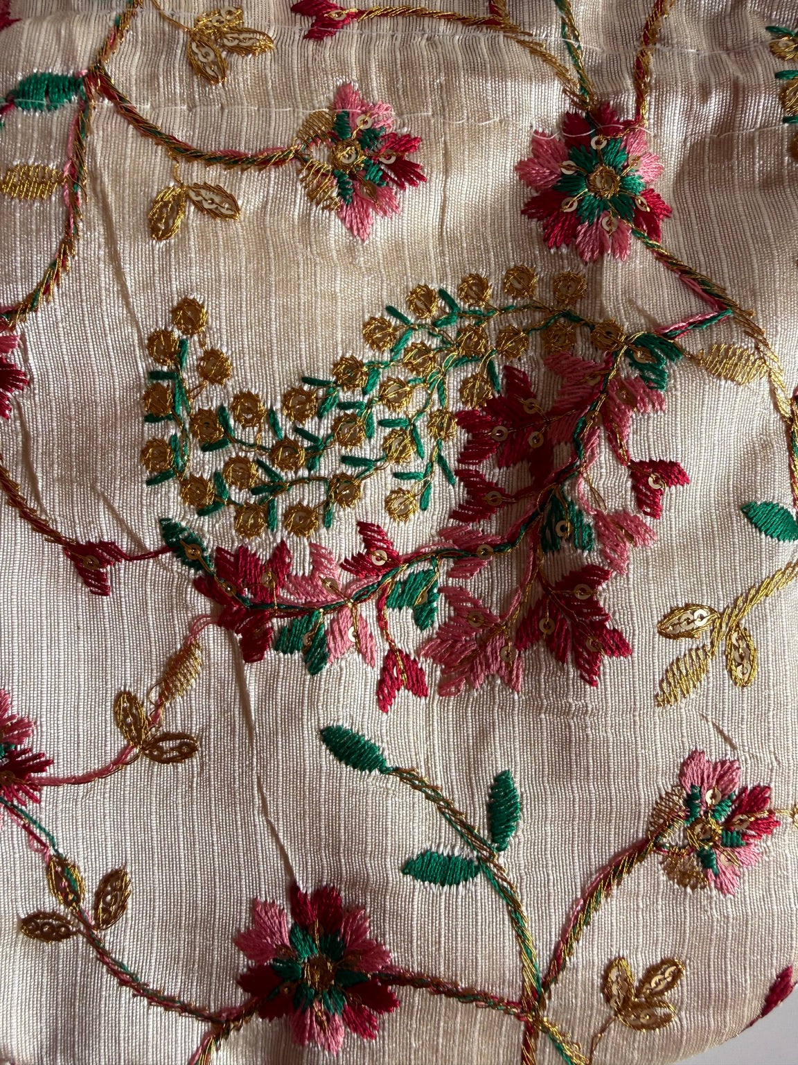 Handcrafted Ivory Floral Embroidered Potli Purse with Pearl Handle | Luxury Wedding & Festive Handbag | Rajasthan Artisan Collection