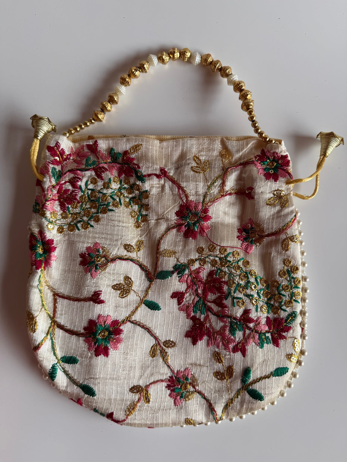 Handcrafted Ivory Floral Embroidered Potli Purse with Pearl Handle | Premium Wedding & Festive Drawstring Handbag | Rajasthan Artisan Collection