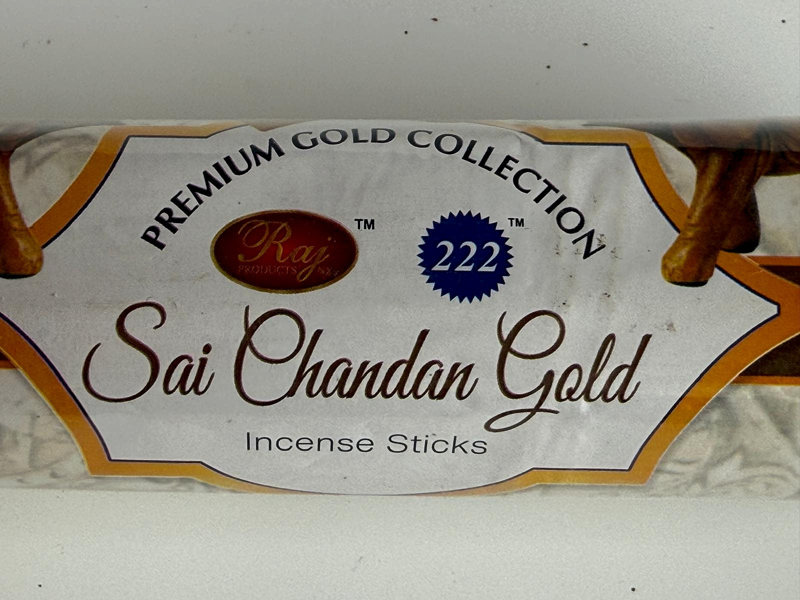 Label showing the front of Sai Bhakti Gold Premium Incense Sticks packaging