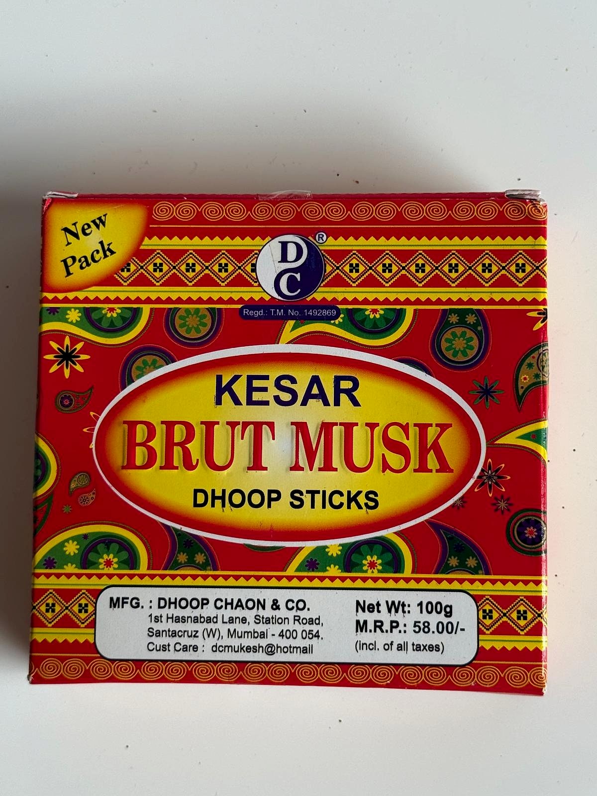 Box of Kesar Brut Musk Dhoop Sticks with colorful design