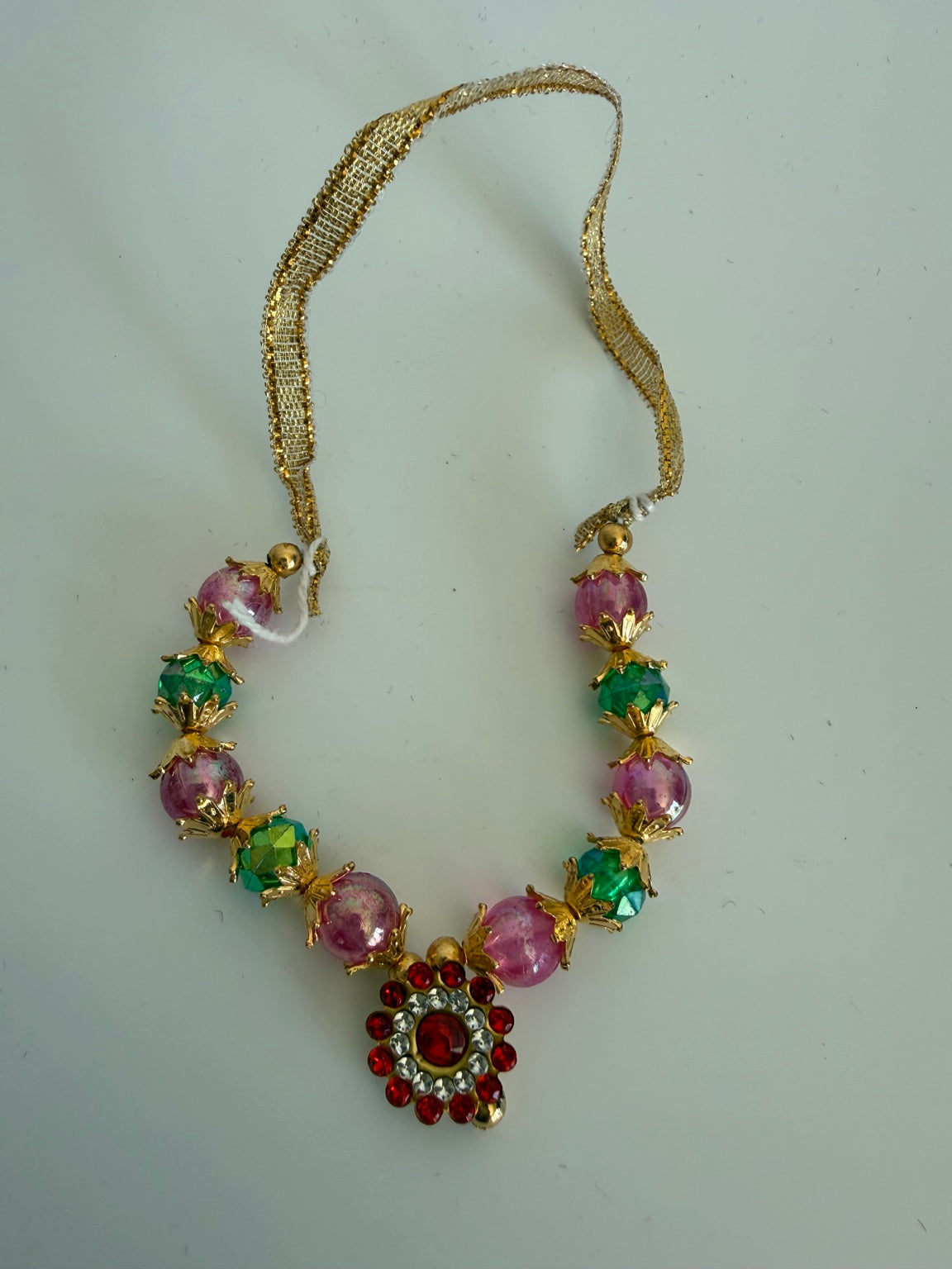 Elegant Ganesh Idol Garland (Mala) – Pink & Green Beaded Murti Necklace with Rhinestone Pendant