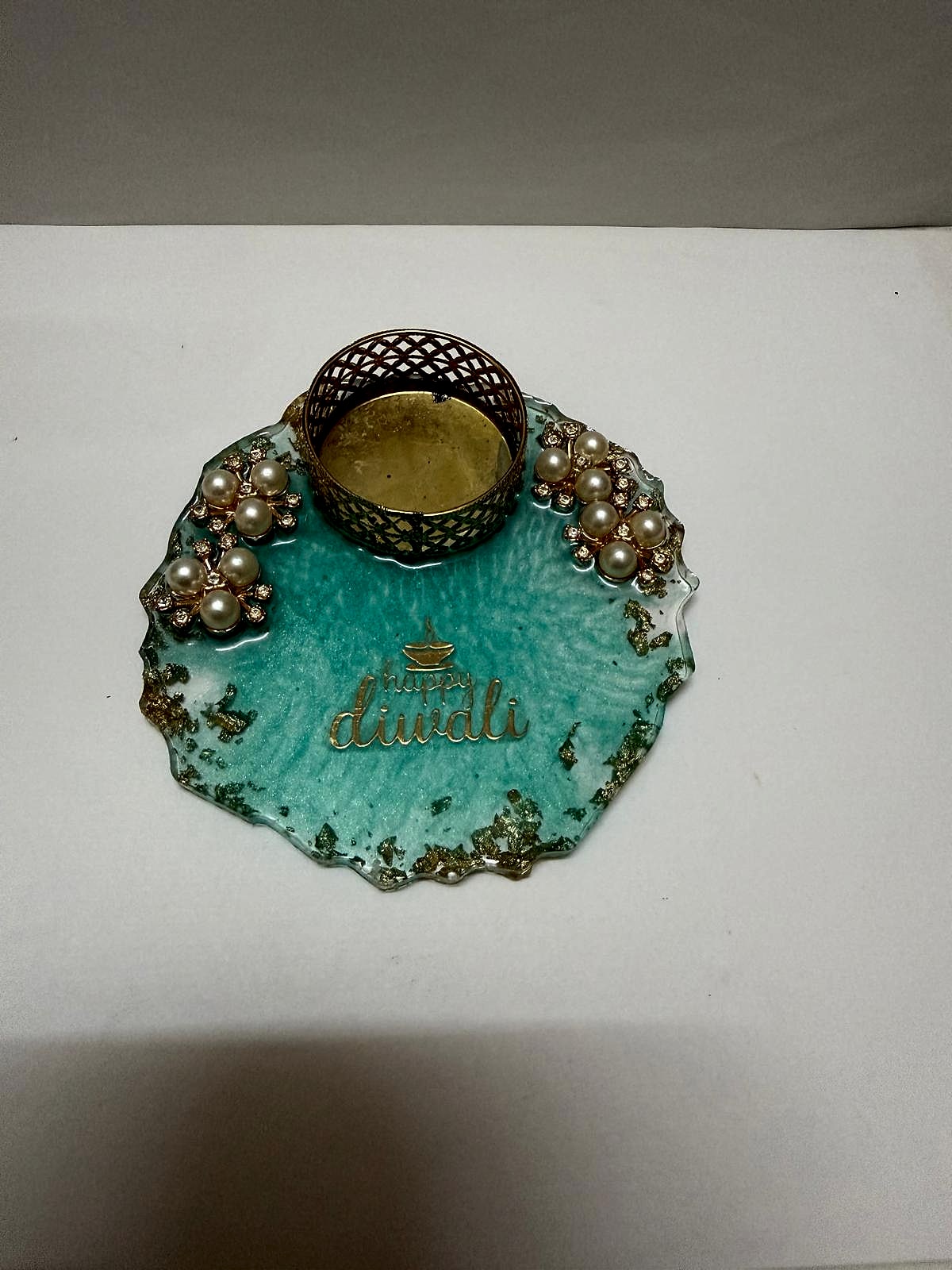Handcrafted Teal Resin Diwali Tealight Holder with Pearl Embellishments | Elegant Festival Decor Plate