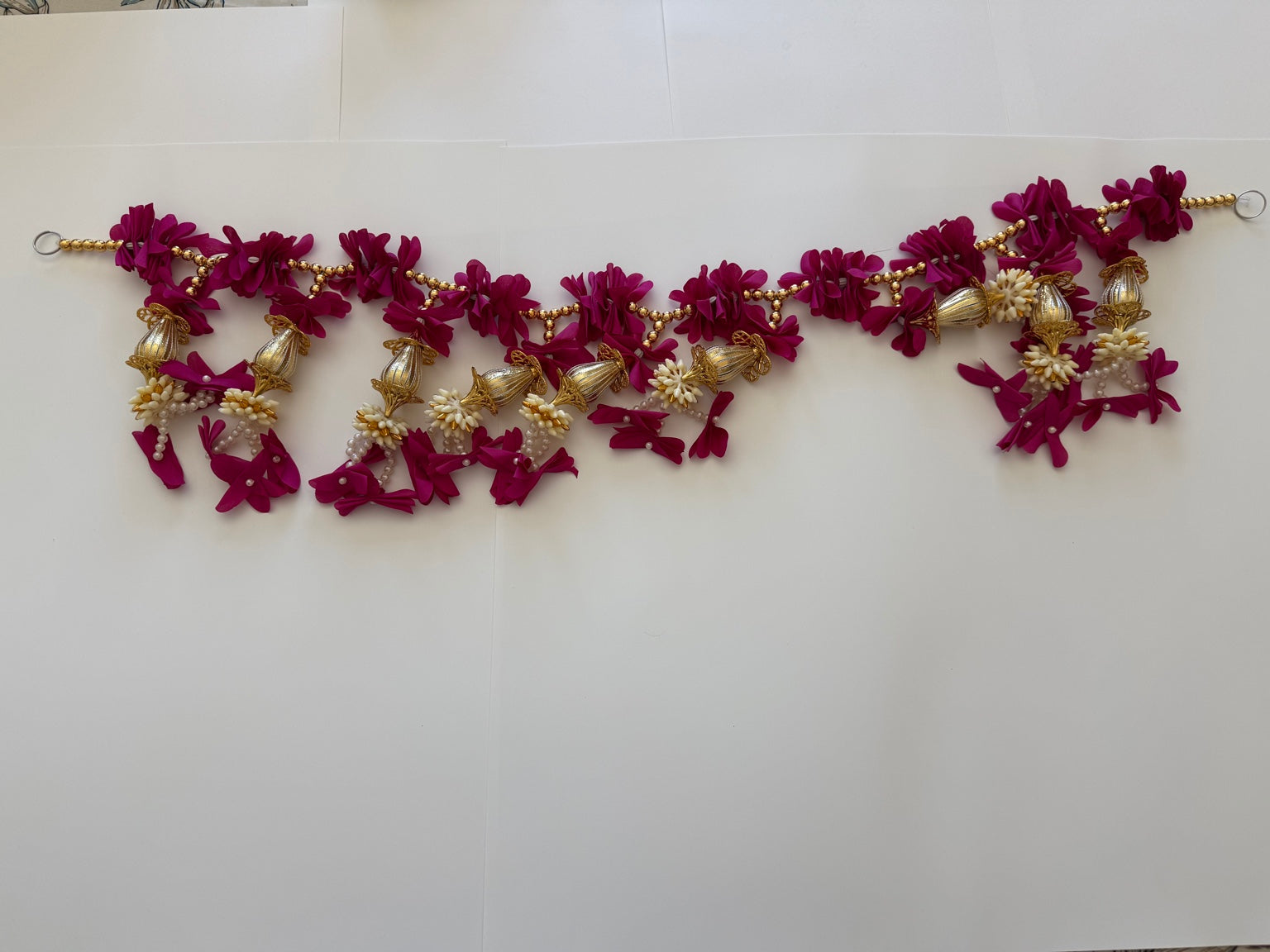 Magenta Floral Door Toran with Gold Tassels – Traditional Indian Door Hanging (3 Ft)