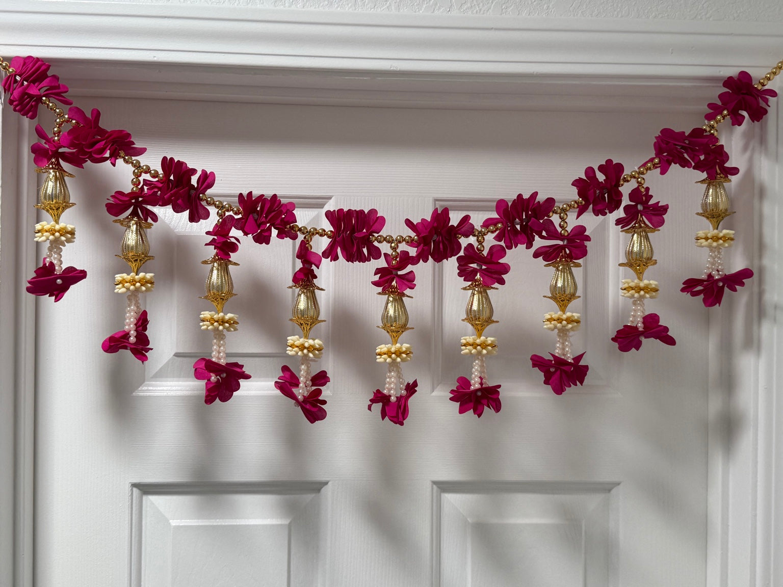 Magenta Floral Door Toran with Gold Tassels – Traditional Indian Door Hanging (3 Ft)