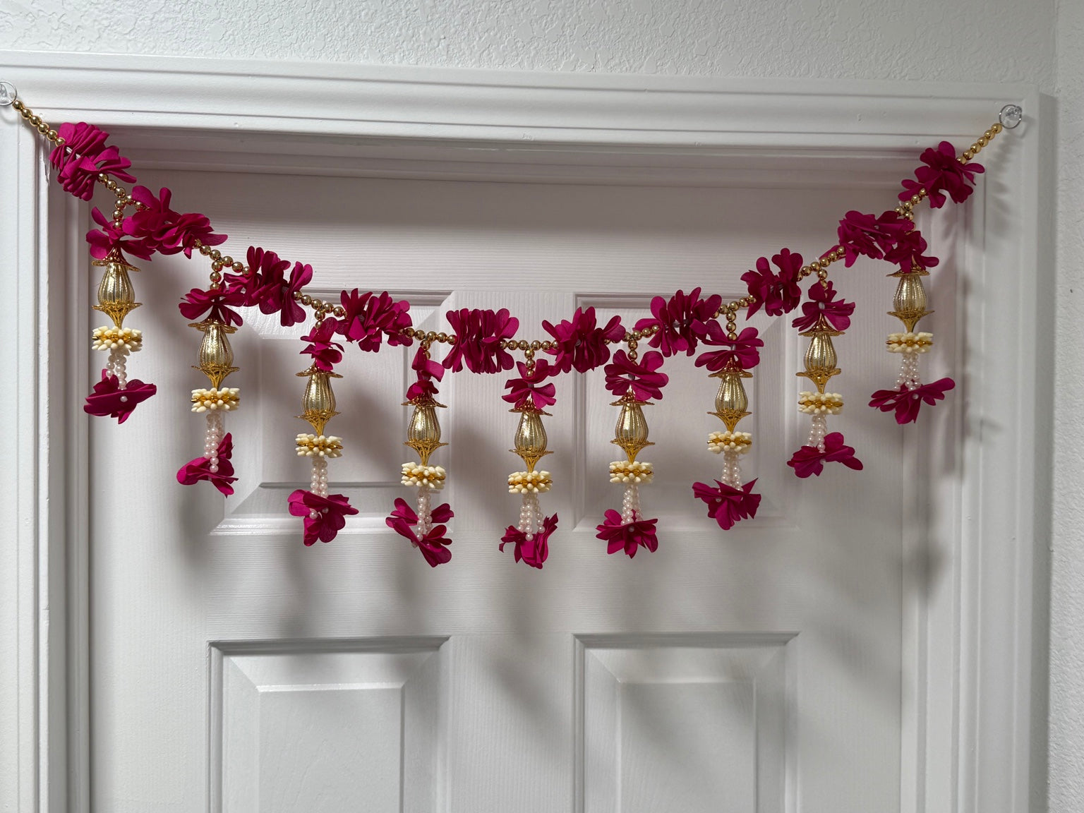 Magenta Floral Door Toran with Gold Tassels – Traditional Indian Door Hanging (3 Ft)
