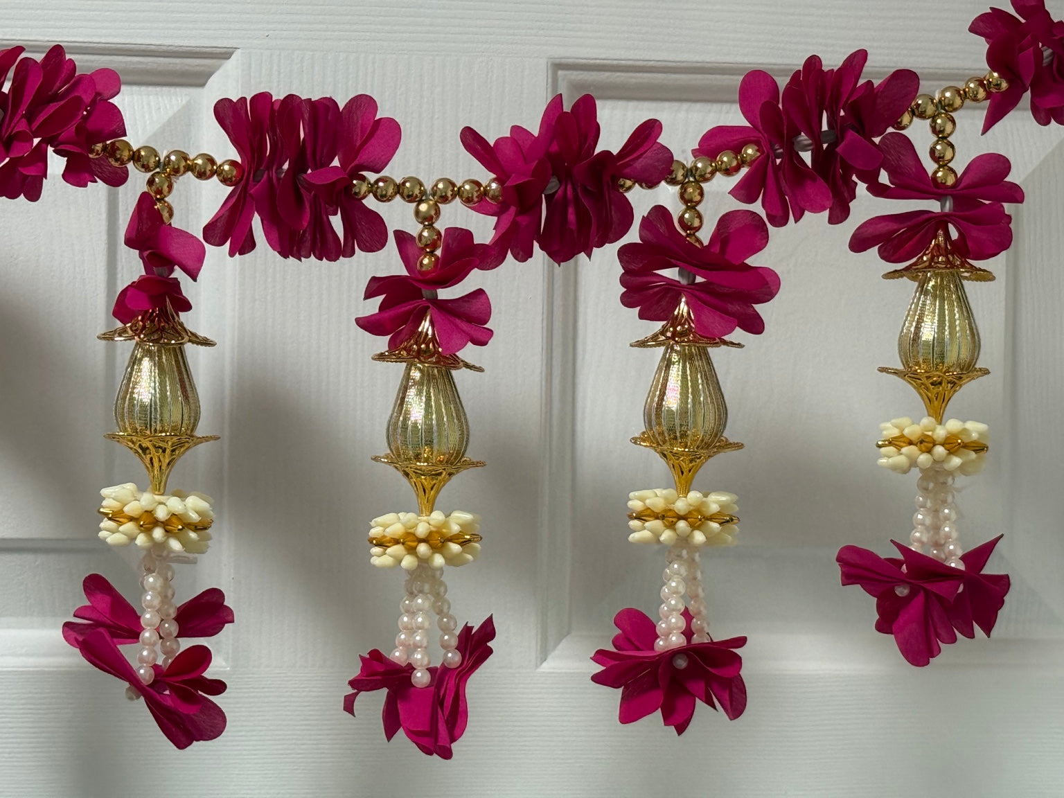 Magenta Floral Door Toran with Gold Tassels – Traditional Indian Door Hanging (3 Ft)