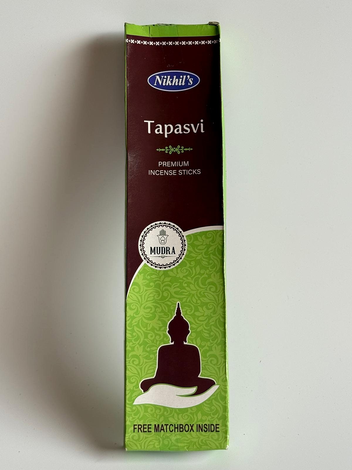 Front view of Nikhil's Tapasvi incense sticks with meditative design