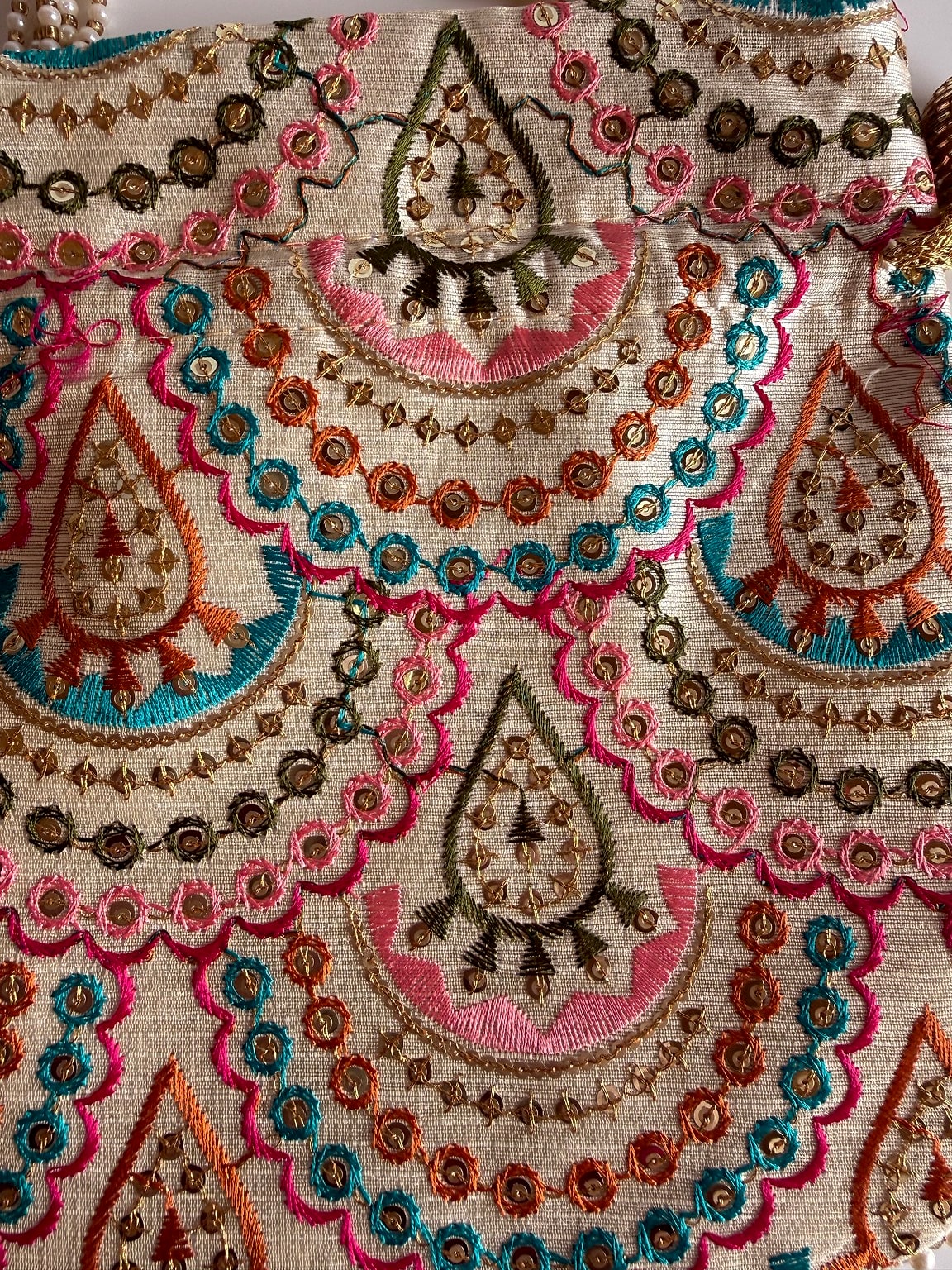 Detailed embroidery on potli bag fabric