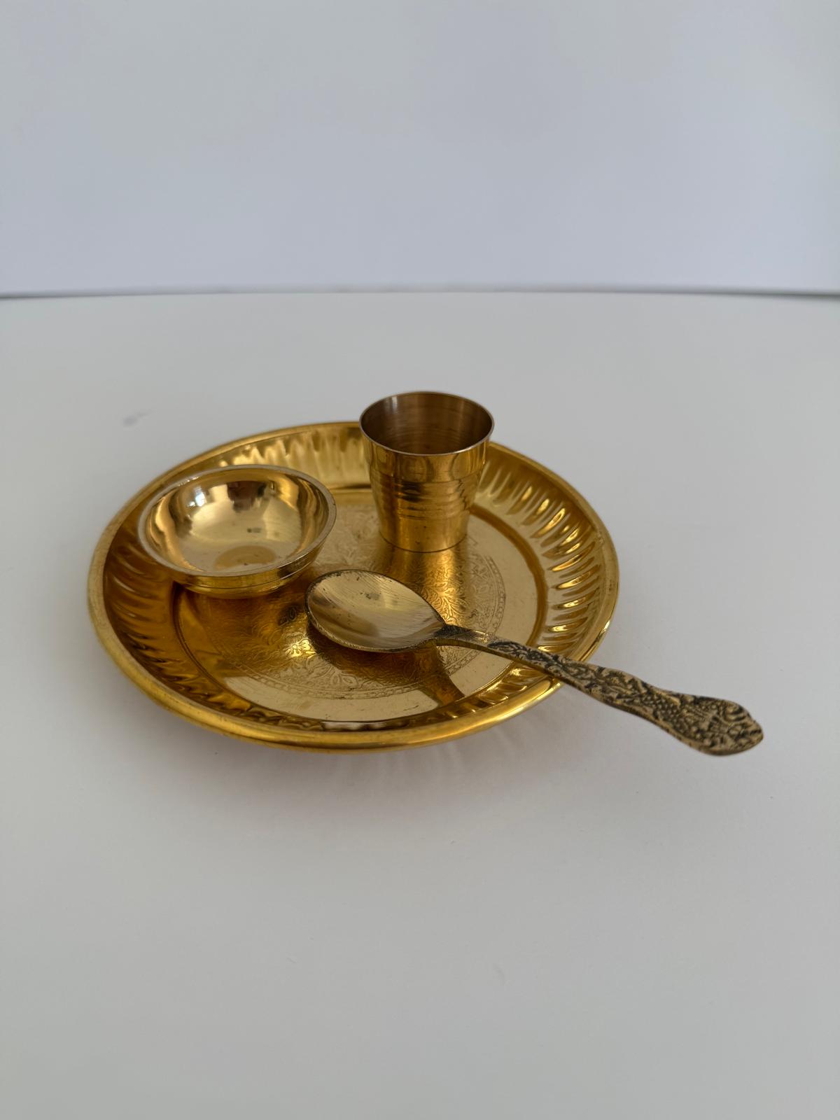 Brass Pooja Thali Set (Plate, Katori, Cup & Spoon)